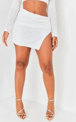 Shape White Sequin Ruched Side Low Rise Micro Mini Skirt