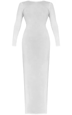Shape White Sheer Mesh Long Sleeve Open Back Maxi Dress