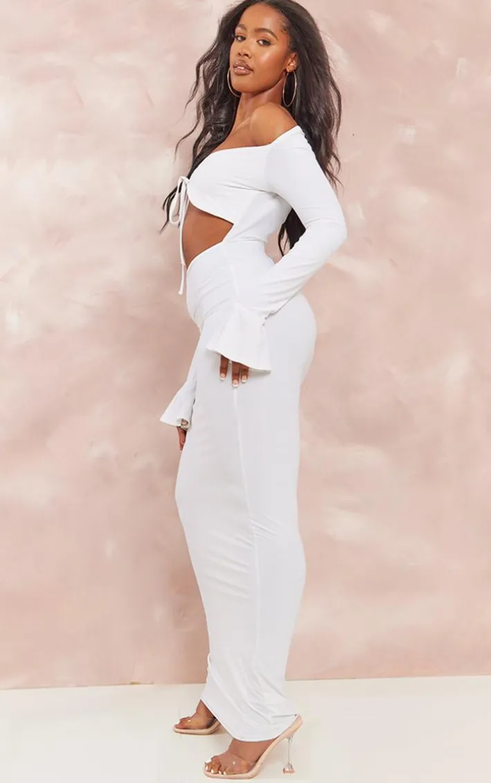 Shape White Slinky Cut Out Detail Long Sleeve Maxi Dress