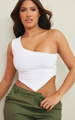 Shape White Slinky One Shoulder Curved Hem Crop Top