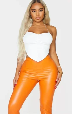 Shape White Soft Rib Ruched Front Halterneck Crop Top