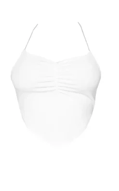 Shape White Soft Rib Ruched Front Halterneck Crop Top