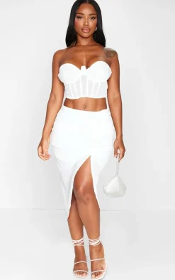 Shape White Woven Ruched Midi Skirt