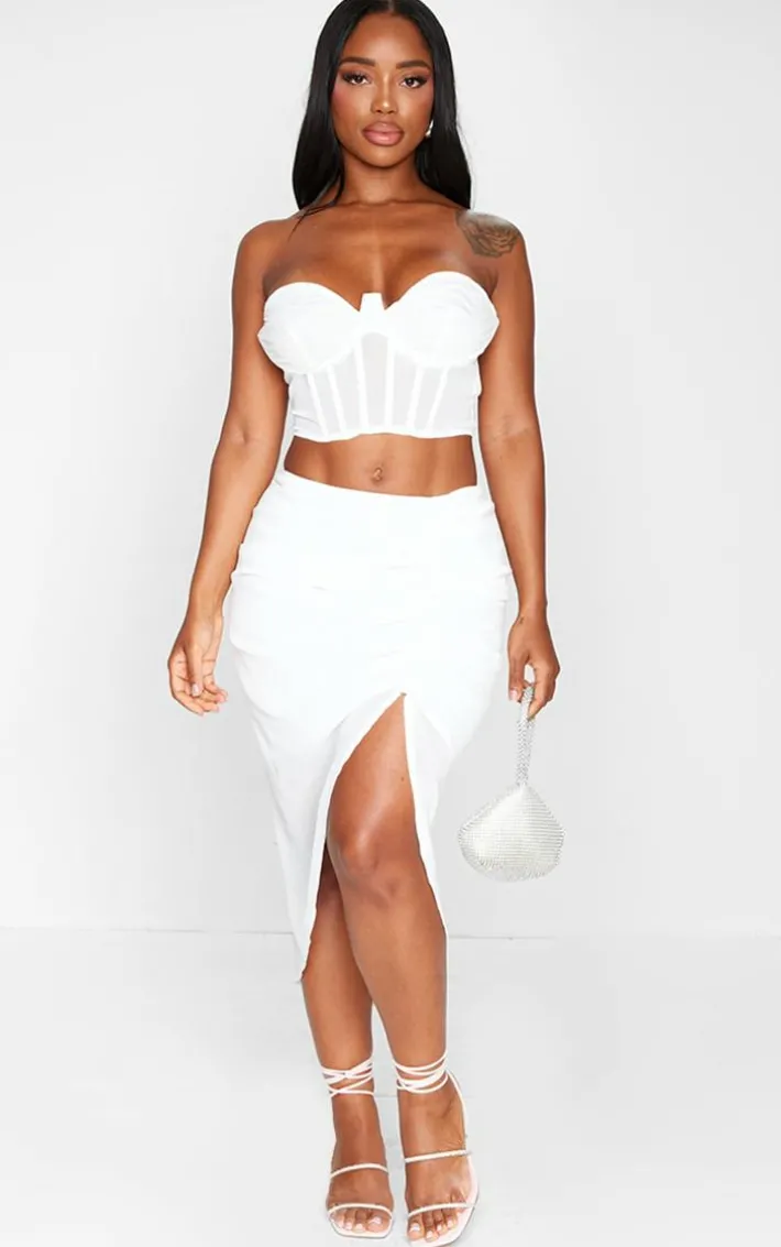 Shape White Woven Ruched Midi Skirt