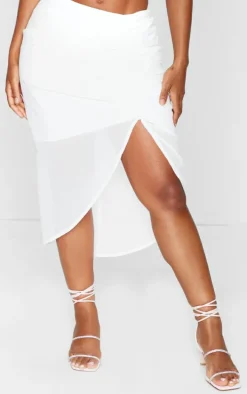 Shape White Woven Ruched Midi Skirt