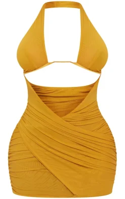 Shape Yellow Mesh Bralet Detail Cut Out Bodycon Dress