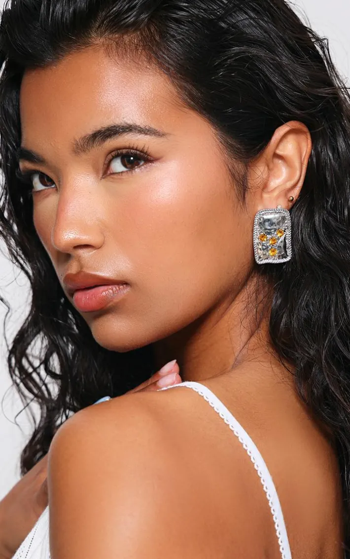 Silver Abstract Diamante Stud Earrings