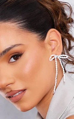 Silver Beaded Bow Tassel Earrings
