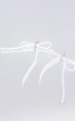 Silver Beaded Bow Tassel Earrings