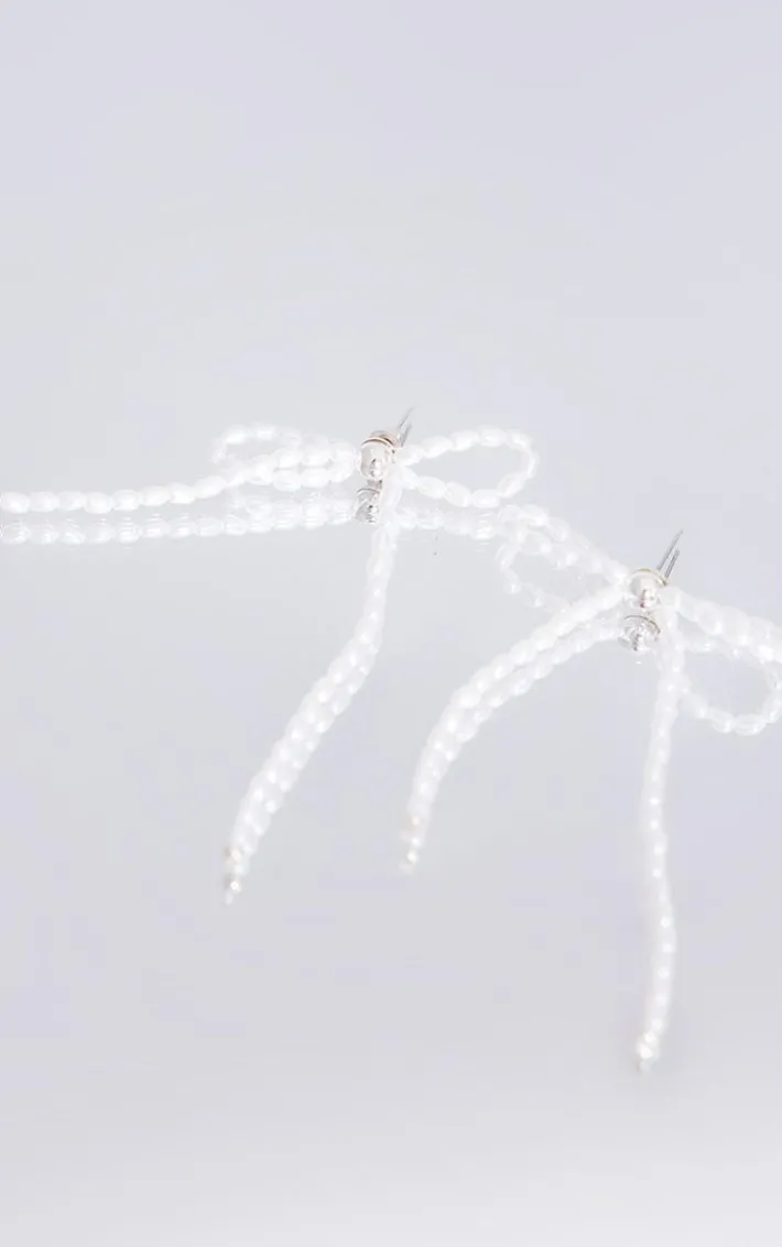Silver Beaded Bow Tassel Earrings