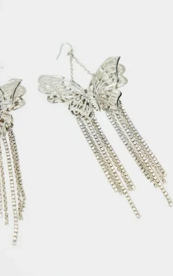 Silver Butterfly Diamante Drop Tassel Statement Earrings