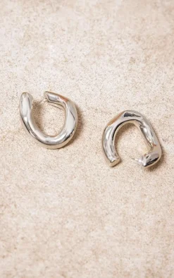 Silver Chunky Link Wave Hoop Earrings