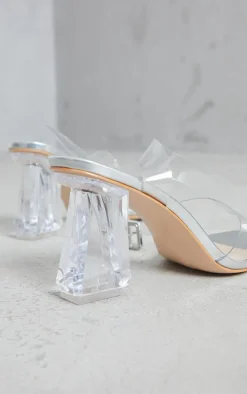 Silver Clear Ankle Strap Block Cone Heeled Sandals