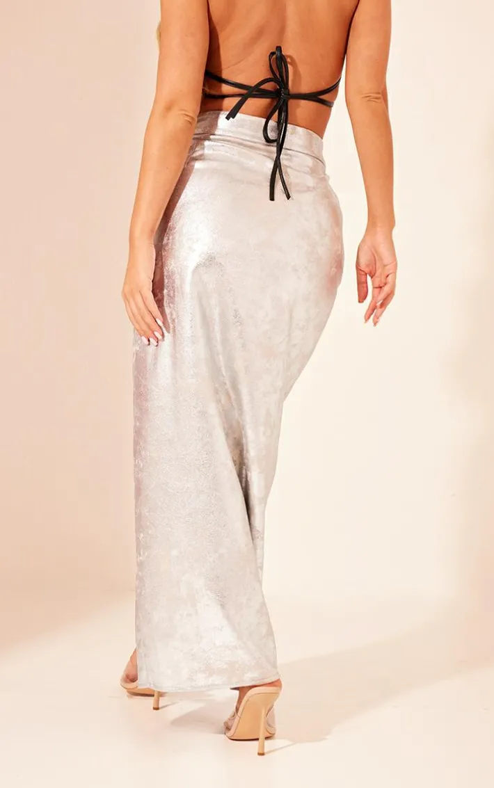 Silver Coated Split Back Maxi Skirt