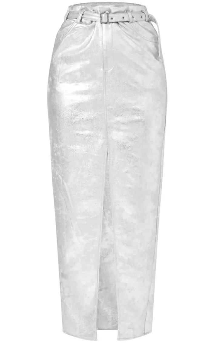 Silver Coated Split Back Maxi Skirt