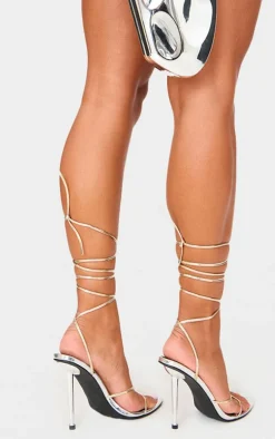Silver Contrast Pu Point Toe Lace Up Heeled Sandals