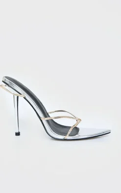 Silver Contrast Pu Point Toe Lace Up Heeled Sandals