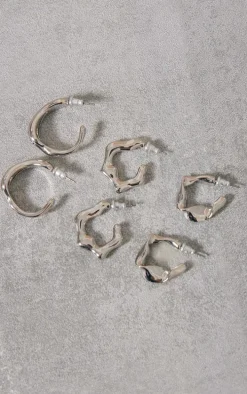 Silver Crinkle Abstract Hoop Earrings Multipack