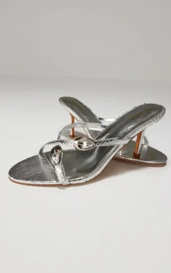 Silver Croc PU Round Toe Buckle Cross Strap Detail Mid Stiletto Heeled Mules