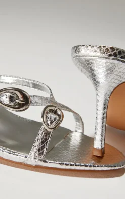 Silver Croc PU Round Toe Buckle Cross Strap Detail Mid Stiletto Heeled Mules