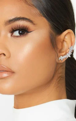 Silver Crystal Floral Affect Chain Ear Climber