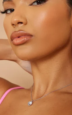 Silver Dainty Diamante Heart Charm Necklace