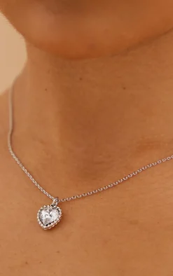 Silver Dainty Diamante Heart Charm Necklace