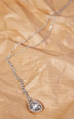 Silver Dainty Diamante Heart Charm Necklace