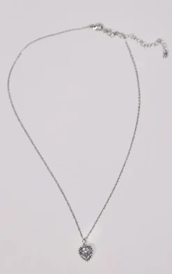 Silver Dainty Diamante Heart Charm Necklace
