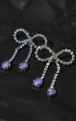 Silver Diamante Bow Gem Drop Earrings