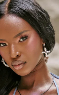 Silver Diamante Cross Hoop Earrings