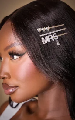 Silver Diamante Heart & Jewel Detail 'Mrs' Hair Slides