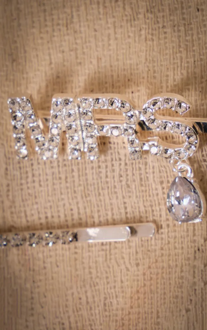 Silver Diamante Heart & Jewel Detail 'Mrs' Hair Slides