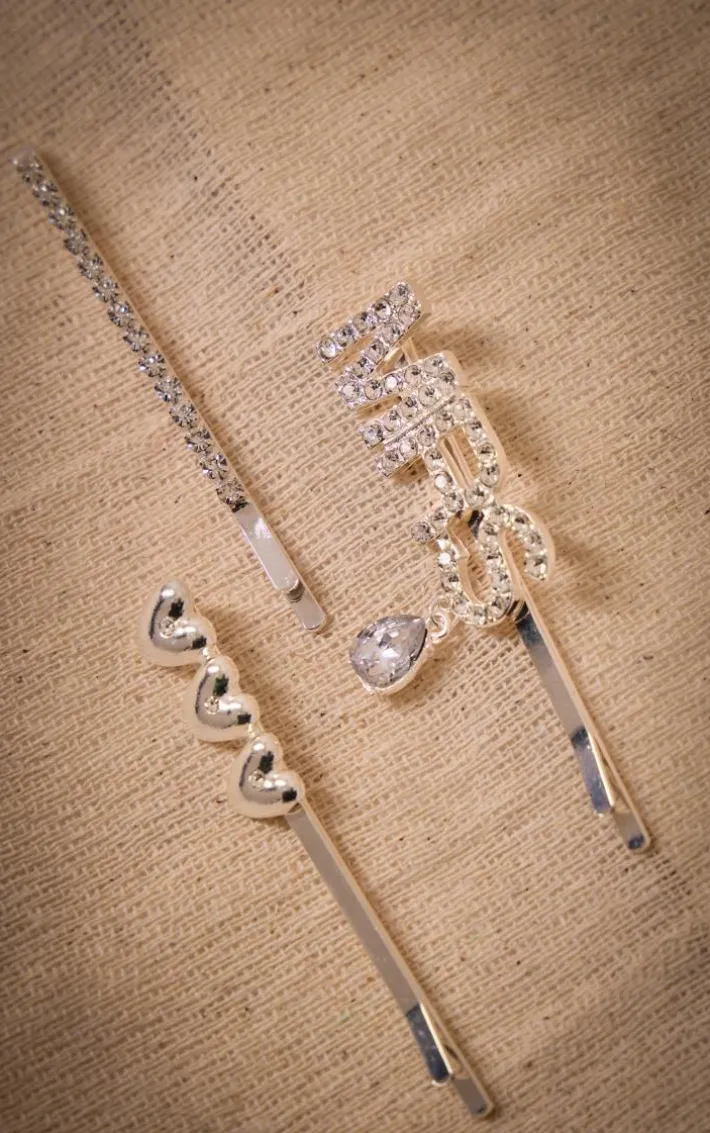 Silver Diamante Heart & Jewel Detail 'Mrs' Hair Slides