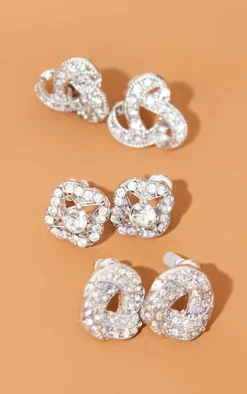 Silver Diamante Knotted Stud Earrings Multi Pack