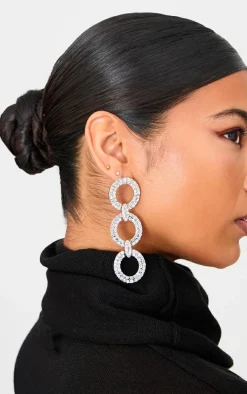 Silver Diamante Link Chain Statement Earrings