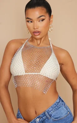 Silver Diamante Mesh Halter Neck Body Jewelry
