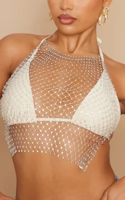 Silver Diamante Mesh Halter Neck Body Jewelry