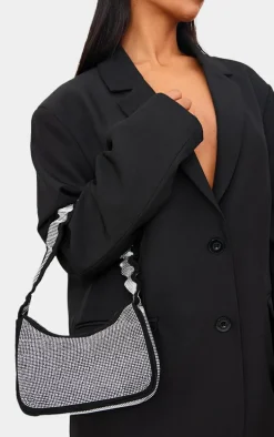 Silver Diamante Ruched Handle Shoulder Bag