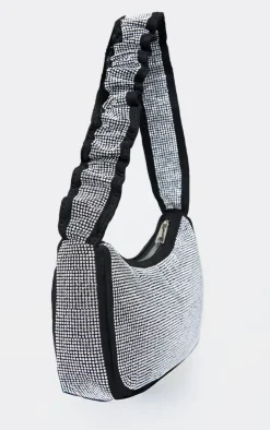 Silver Diamante Ruched Handle Shoulder Bag