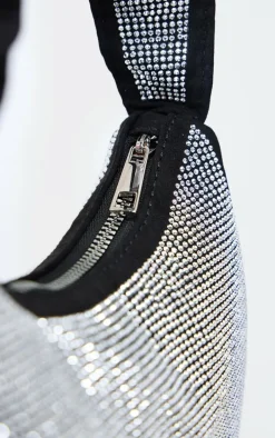 Silver Diamante Ruched Handle Shoulder Bag