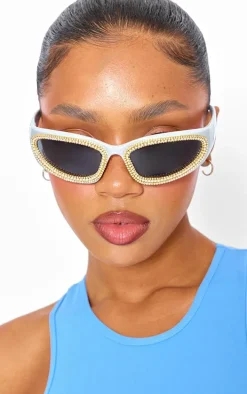 Silver Diamante Sporty Visor Sunglasses
