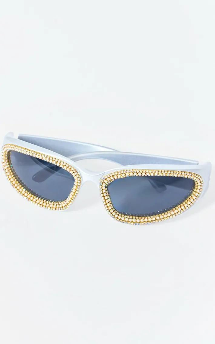 Silver Diamante Sporty Visor Sunglasses