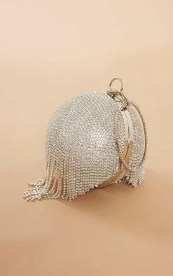 Silver Diamante Tassel Sphere Clutch