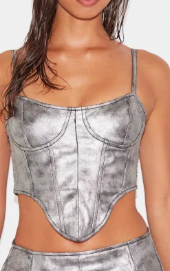 Silver Dipped Hem Coated Denim Corset