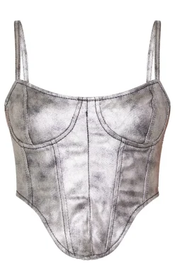 Silver Dipped Hem Coated Denim Corset