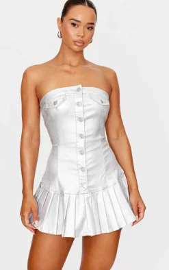 Silver Disco Stretch Denim Pleated Bandeau Skater Dress