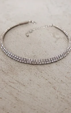 Silver Double Row Diamante Choker