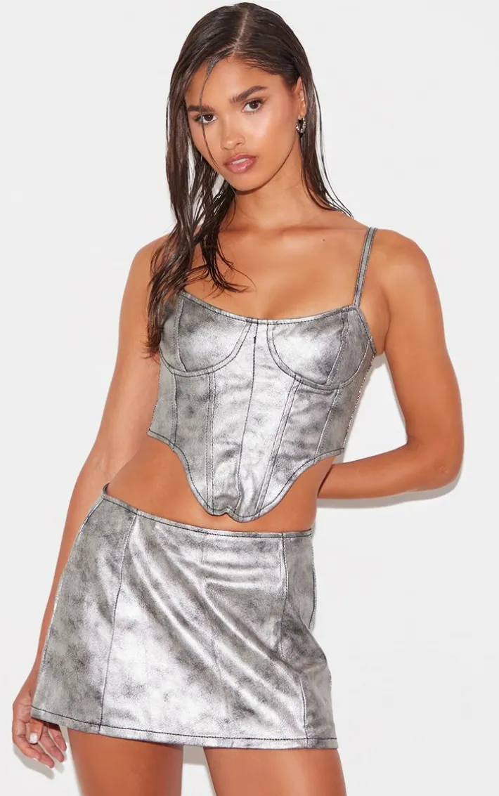 Silver Extreme Micro Mini Coated Denim Skirt
