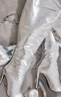 Silver Faux Leather Pointed High Heel Over The Knee Boots